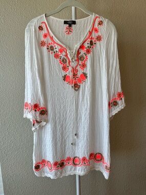Umgee white coral brown floral embroidered beach swimsuit cover up size medium